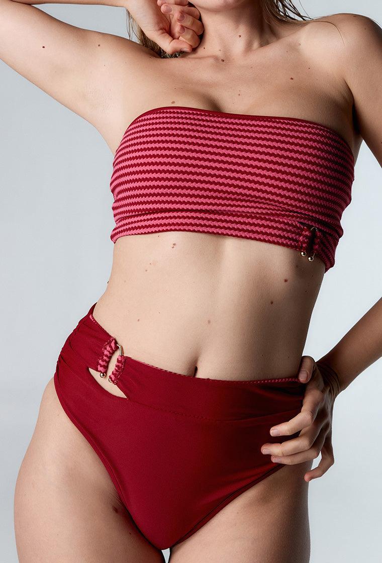 Bikini bandeau Tonga - Burgundy & Pink-Black Limba