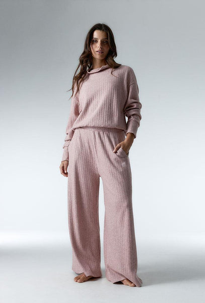 Pantalón de canalé Evlyn - Pink Melange-Black Limba