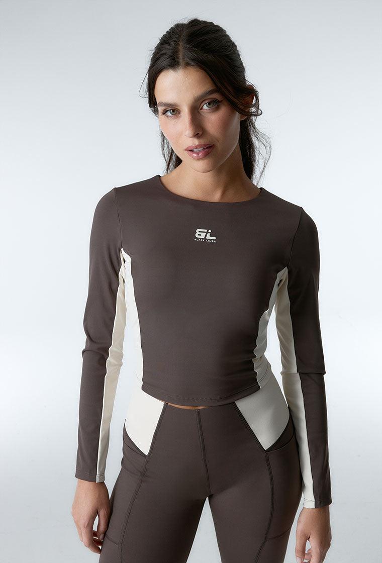 Top deportivo de manga larga sujeción media Sharpline - Chocolate & Cream-Black Limba