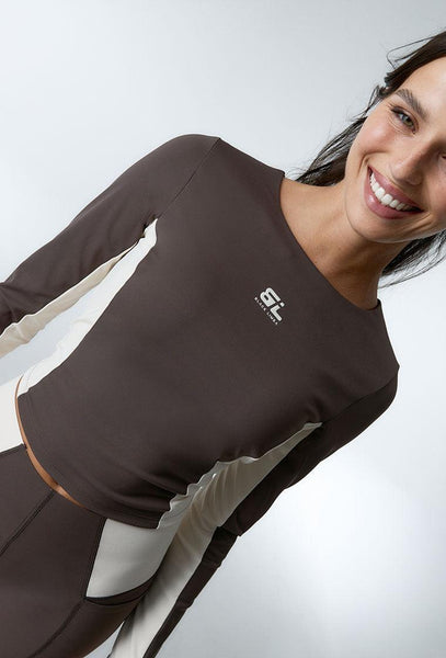 Top deportivo de manga larga sujeción media Sharpline - Chocolate & Cream-Black Limba