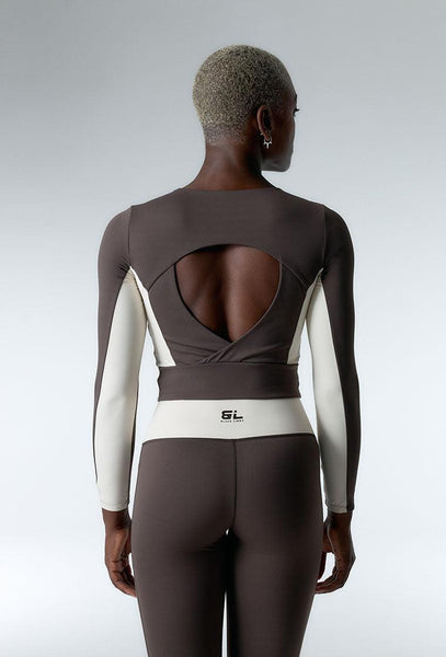 Top deportivo de manga larga sujeción media Sharpline - Chocolate & Cream-Black Limba