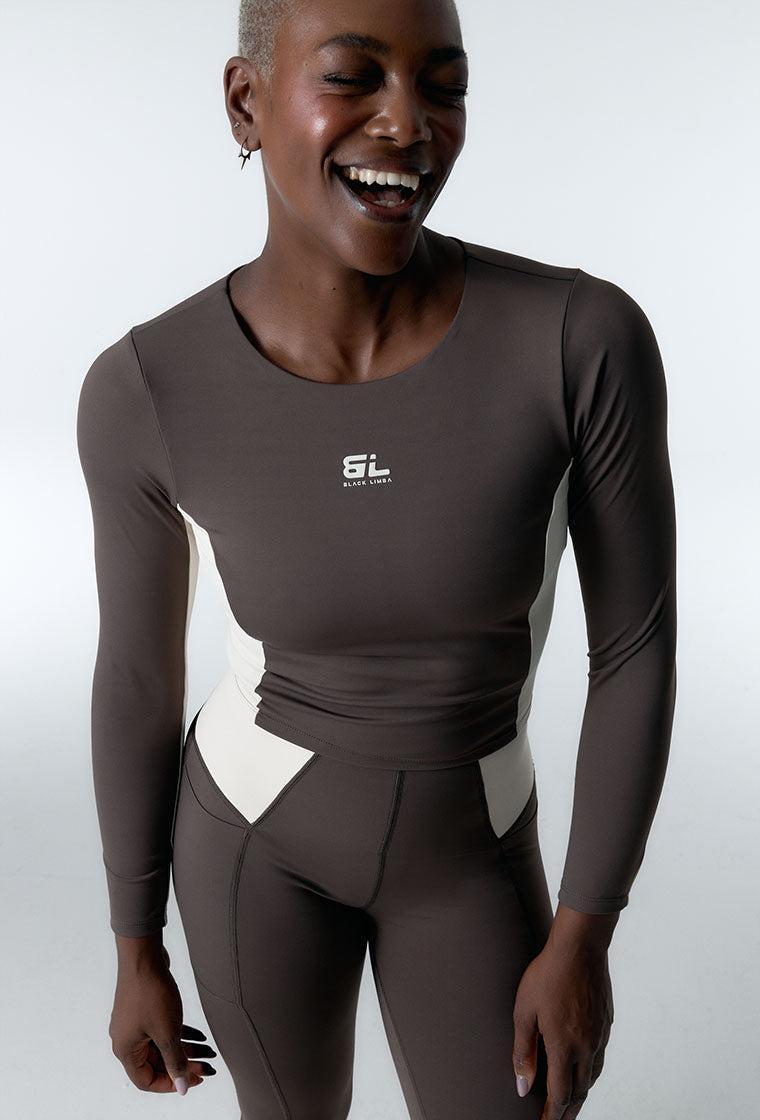 Top deportivo de manga larga sujeción media Sharpline - Chocolate & Cream-Black Limba
