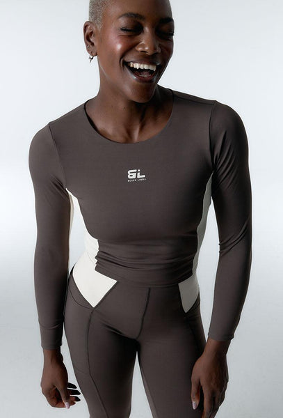 Top deportivo de manga larga sujeción media Sharpline - Chocolate & Cream-Black Limba
