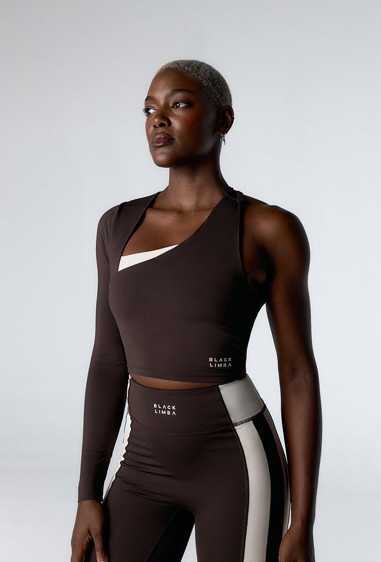 Top deportivo manga larga asimétrica Lynor - Chocolate & Cream-Black Limba