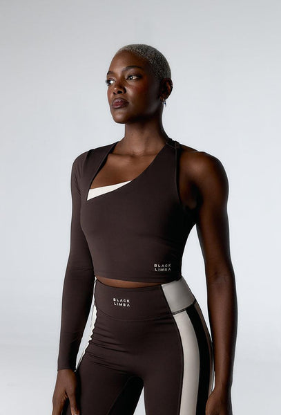 Top deportivo manga larga asimétrica Lynor - Chocolate & Cream-Black Limba