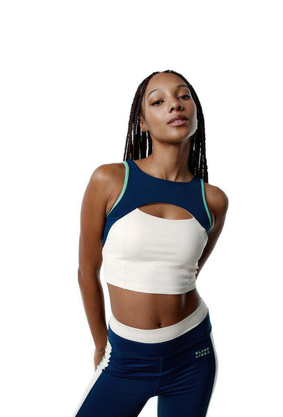 Top deportivo sujeción alta SynergyFit - Tricolor Cream, Ocean blue & Sage-Black Limba