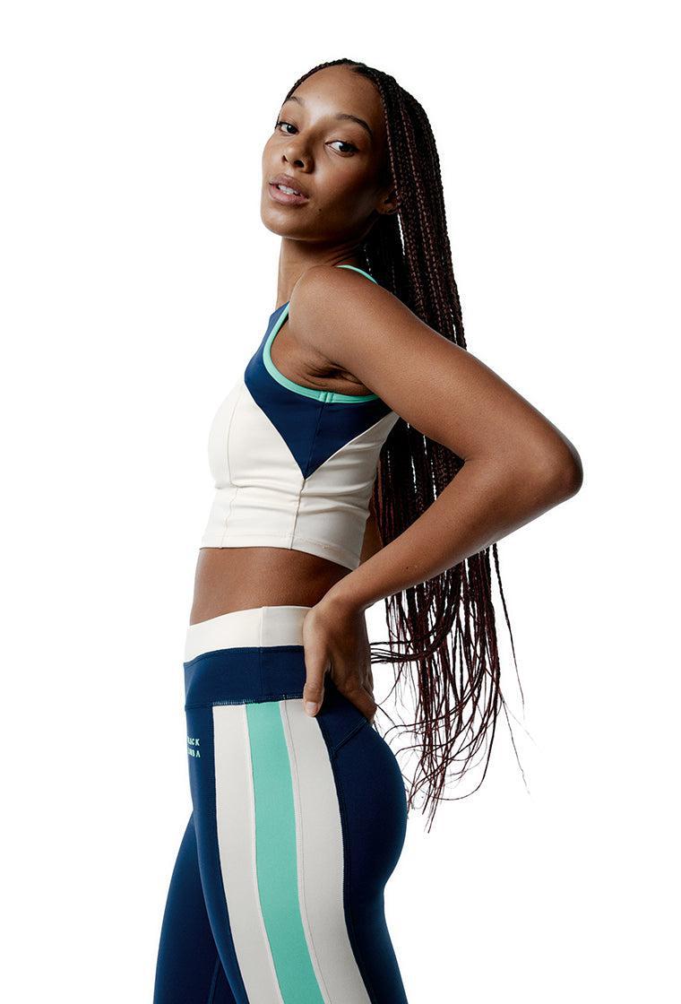 Top deportivo sujeción alta SynergyFit - Tricolor Cream, Ocean blue & Sage-Black Limba