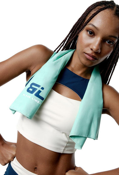 Top deportivo sujeción alta SynergyFit - Tricolor Cream, Ocean blue & Sage-Black Limba