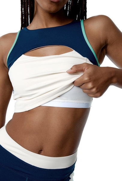 Top deportivo sujeción alta SynergyFit - Tricolor Cream, Ocean blue & Sage-Black Limba