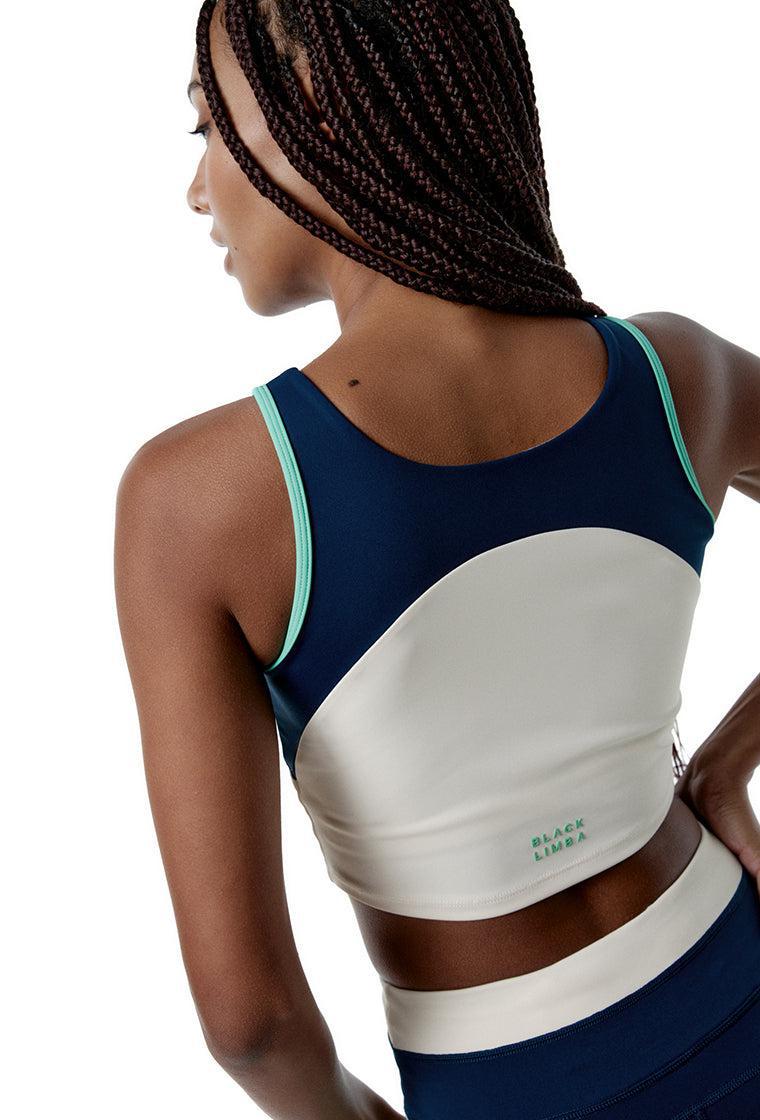 Top deportivo sujeción alta SynergyFit - Tricolor Cream, Ocean blue & Sage-Black Limba